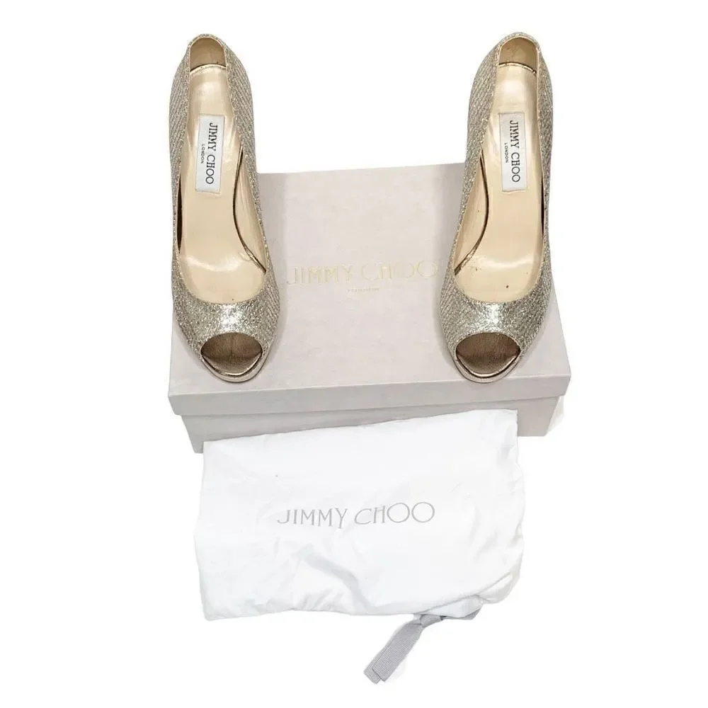 Jimmy Choo Gold Champagne Glitter Luna Peep Toe Platform Pumps Women’s Size 38.5